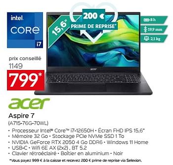 Promoties Acer aspire 7 a715-76g-70wl - Acer - Geldig van 26/04/2024 tot 31/05/2024 bij Selexion