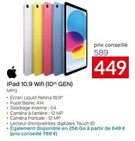 Promotions Apple ipad 10.9 wifi 10th gen mpq - Apple - Valide de 26/04/2024 à 31/05/2024 chez Selexion