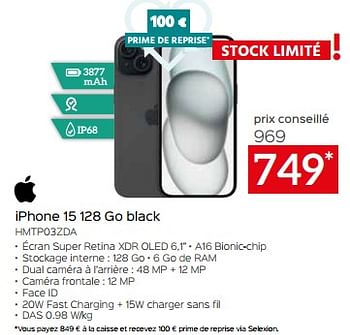 Promotions Apple iphone 15 128 go black hmtp03zda - Apple - Valide de 26/04/2024 à 31/05/2024 chez Selexion