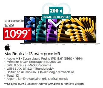 Promotions Apple macbook air 13 avec puce m3 - Apple - Valide de 26/04/2024 à 31/05/2024 chez Selexion