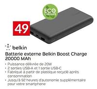 Promotions Boost batterie externe belkin boost charge 20000 mah - BELKIN - Valide de 26/04/2024 à 31/05/2024 chez Selexion