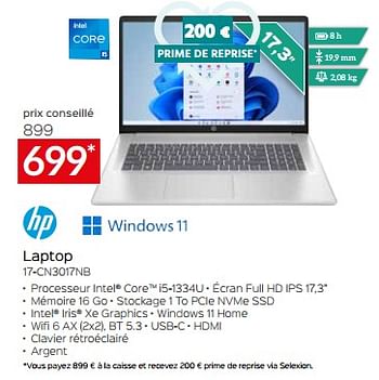 Promoties Hp laptop 17-cn3017nb - HP - Geldig van 26/04/2024 tot 31/05/2024 bij Selexion