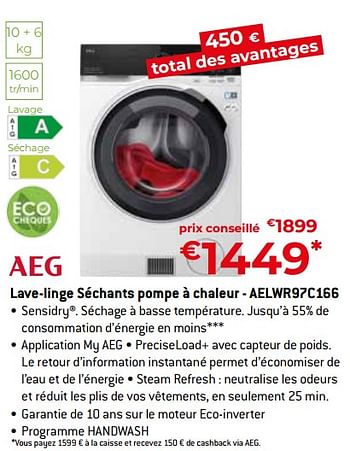 Promoties Aeg lave-linge séchants pompe à chaleur - aelwr97c166 - AEG - Geldig van 26/04/2024 tot 31/05/2024 bij Exellent