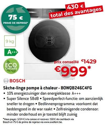 Promoties Bosch sèche-linge pompe à chaleur - bowqb246c4fg - Bosch - Geldig van 26/04/2024 tot 31/05/2024 bij Exellent
