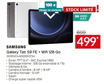Promoties Samsung galaxy tab s9 fe + wifi 128 go x610nzaa-x610nzsa - Samsung - Geldig van 26/04/2024 tot 31/05/2024 bij Selexion