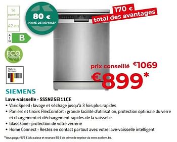 Promoties Siemens lave-vaisselle - sssn25ei11ce - Siemens - Geldig van 26/04/2024 tot 31/05/2024 bij Exellent