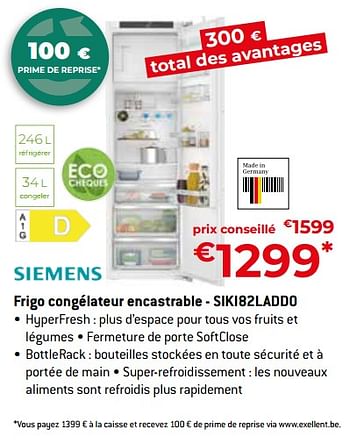Promoties Siemens frigo congélateur encastrable - siki82ladd0 - Siemens - Geldig van 26/04/2024 tot 31/05/2024 bij Exellent