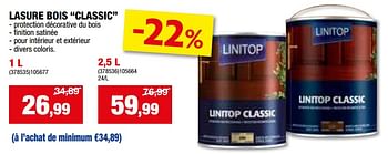 Promoties Lasure bois classic - Linitop - Geldig van 24/04/2024 tot 05/05/2024 bij Hubo