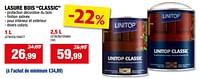Promotions Lasure bois classic - Linitop - Valide de 24/04/2024 à 05/05/2024 chez Hubo