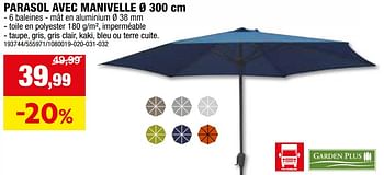 Promotions Parasol avec manivelle - Garden Plus  - Valide de 24/04/2024 à 05/05/2024 chez Hubo