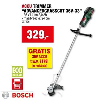 Promoties Bosch accu trimmer advancedgrasscut 36v 33 - Bosch - Geldig van 24/04/2024 tot 05/05/2024 bij Hubo