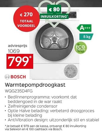 Promotions Bosch warmtepompdroogkast wqg235d4fg - Bosch - Valide de 26/04/2024 à 31/05/2024 chez Selexion