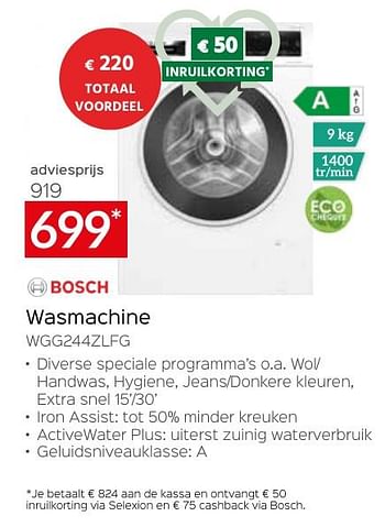Promoties Bosch wasmachine wgg244zlfg - Bosch - Geldig van 26/04/2024 tot 31/05/2024 bij Selexion