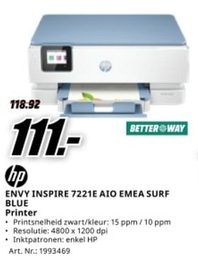 Promotions Hp envy inspire 7221e aio emea surf blue printer - HP - Valide de 04/05/2024 à 12/05/2024 chez Media Markt