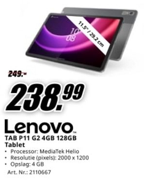 Promotions Lenovo tab p11 g2 4gb 128gb tablet - Lenovo - Valide de 04/05/2024 à 12/05/2024 chez Media Markt