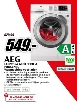 Promoties Aeg lf62r864 6000 serie a prosense wasmachine voorlader - AEG - Geldig van 04/05/2024 tot 12/05/2024 bij Media Markt
