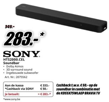 Promotions Hts2000 cel soundbar - Sony - Valide de 04/05/2024 à 12/05/2024 chez Media Markt