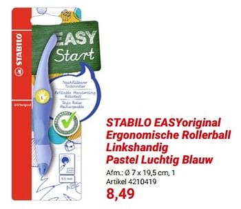 Promoties Stabilo easyoriginal ergonomische rollerball linkshandig pastel luchtig blauw - Stabilo - Geldig van 01/03/2024 tot 31/05/2024 bij Lobbes