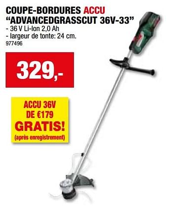 Promoties Bosch coupe-bordures accu advancedgrasscut 36v-33 - Bosch - Geldig van 24/04/2024 tot 05/05/2024 bij Hubo