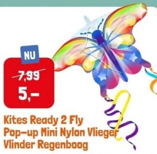 Promotions Kites ready 2 fly pop up mini nylon vlieger vlinder regenboog - Produit Maison - Lobbes - Valide de 28/04/2024 à 28/05/2024 chez Lobbes