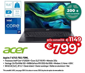 Promoties Acer aspire 7 a715-76g-70wl - Acer - Geldig van 26/04/2024 tot 31/05/2024 bij Exellent