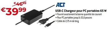 Promoties Usb-c chargeur pour pc portables 65 w - ACT - Geldig van 26/04/2024 tot 31/05/2024 bij Exellent