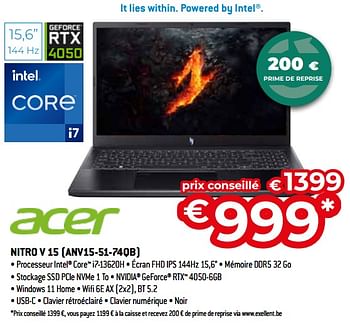 Promoties Acer nitro v 15 anv15-51-74qb - Acer - Geldig van 26/04/2024 tot 31/05/2024 bij Exellent