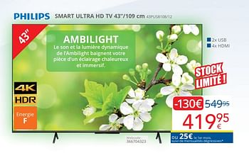 Promoties Philips smart ultra hd tv 43``-109 cm 43pus8108-12 - Philips - Geldig van 01/05/2024 tot 31/05/2024 bij Eldi