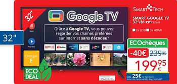 Promoties Smart tech smart google tv 32``-81 cm 32va1 - Smart Tech - Geldig van 01/05/2024 tot 31/05/2024 bij Eldi