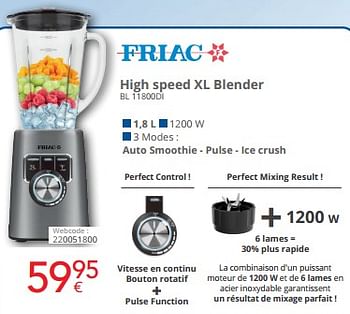 Promotions Friac high speed xl blender bl 11800di - Friac - Valide de 01/05/2024 à 31/05/2024 chez Eldi