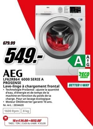 Promoties Aeg lf62r864 6000 serie a prosense lave-linge à chargement frontal - AEG - Geldig van 04/05/2024 tot 12/05/2024 bij Media Markt