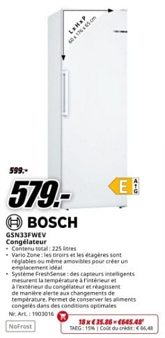 Promoties Bosch gsn33fwev congélateur - Bosch - Geldig van 04/05/2024 tot 12/05/2024 bij Media Markt