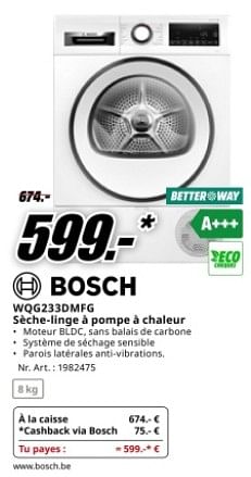 Promoties Bosch wqg233dmfg sèche-linge à pompe à chaleur - Bosch - Geldig van 04/05/2024 tot 12/05/2024 bij Media Markt