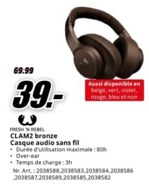 Promoties Clam2 brons casque audio sans fil - Fresh 'n Rebel - Geldig van 04/05/2024 tot 12/05/2024 bij Media Markt