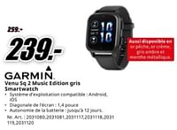 Promotions Garmin venu sq 2 music edition gris smartwatch - Garmin - Valide de 04/05/2024 à 12/05/2024 chez Media Markt