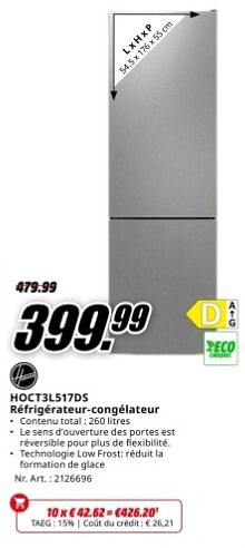 Promoties Hoover hoct3l517ds réfrigérateur-congélateur - Hoover - Geldig van 04/05/2024 tot 12/05/2024 bij Media Markt