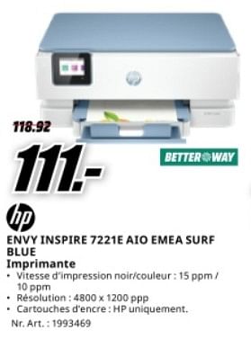 Promotions Hp envy inspire 7221e aio emea surf blue imprimante - HP - Valide de 04/05/2024 à 12/05/2024 chez Media Markt