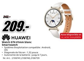 Promotions Huawei watch gt4 41mm blanc smartwatch - Huawei - Valide de 04/05/2024 à 12/05/2024 chez Media Markt