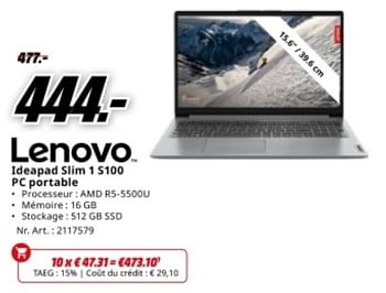 Promoties Lenovo ideapad slim 1 s100 pc portable - Lenovo - Geldig van 04/05/2024 tot 12/05/2024 bij Media Markt