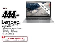 Promotions Lenovo ideapad slim 1 s100 pc portable - Lenovo - Valide de 04/05/2024 à 12/05/2024 chez Media Markt