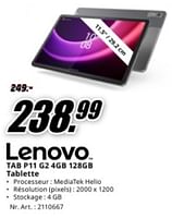 Promotions Lenovo tab p11 g2 4gb 128gb tablette - Lenovo - Valide de 04/05/2024 à 12/05/2024 chez Media Markt