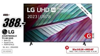 Promoties Lg 43ur78006lk tv 4k uhd - LG - Geldig van 04/05/2024 tot 12/05/2024 bij Media Markt
