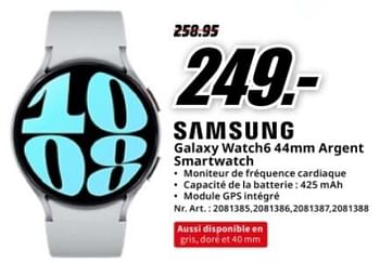 Promoties Samsung galaxy watch6 44mm argent smartwatch - Samsung - Geldig van 04/05/2024 tot 12/05/2024 bij Media Markt