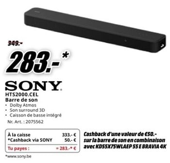 Promoties Sony hts2000 cel barre de son - Sony - Geldig van 04/05/2024 tot 12/05/2024 bij Media Markt