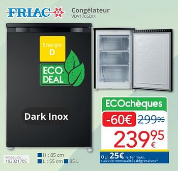 Promoties Friac congélateur vdv1705dix - Friac - Geldig van 01/05/2024 tot 31/05/2024 bij Eldi