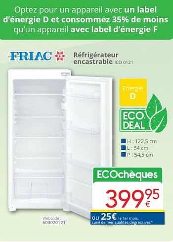 Promoties Friac réfrigérateur encastrable ico 0121 - Friac - Geldig van 01/05/2024 tot 31/05/2024 bij Eldi