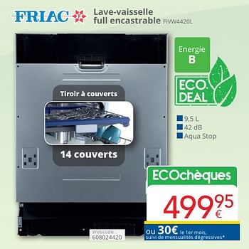 Promoties Friac lave-vaisselle full encastrable fivw4420l - Friac - Geldig van 01/05/2024 tot 31/05/2024 bij Eldi