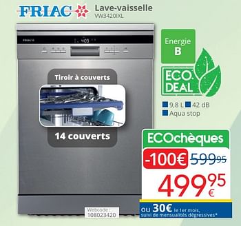 Promotions Friac lave-vaisselle vw3420ixl - Friac - Valide de 01/05/2024 à 31/05/2024 chez Eldi