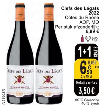 Promoties Clefs des légats 2022 côtes du rhône aop, mo - Rode wijnen - Geldig van 07/05/2024 tot 13/05/2024 bij Cora