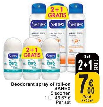 Promoties Deodorant spray of roll-on sanex - Sanex - Geldig van 07/05/2024 tot 13/05/2024 bij Cora